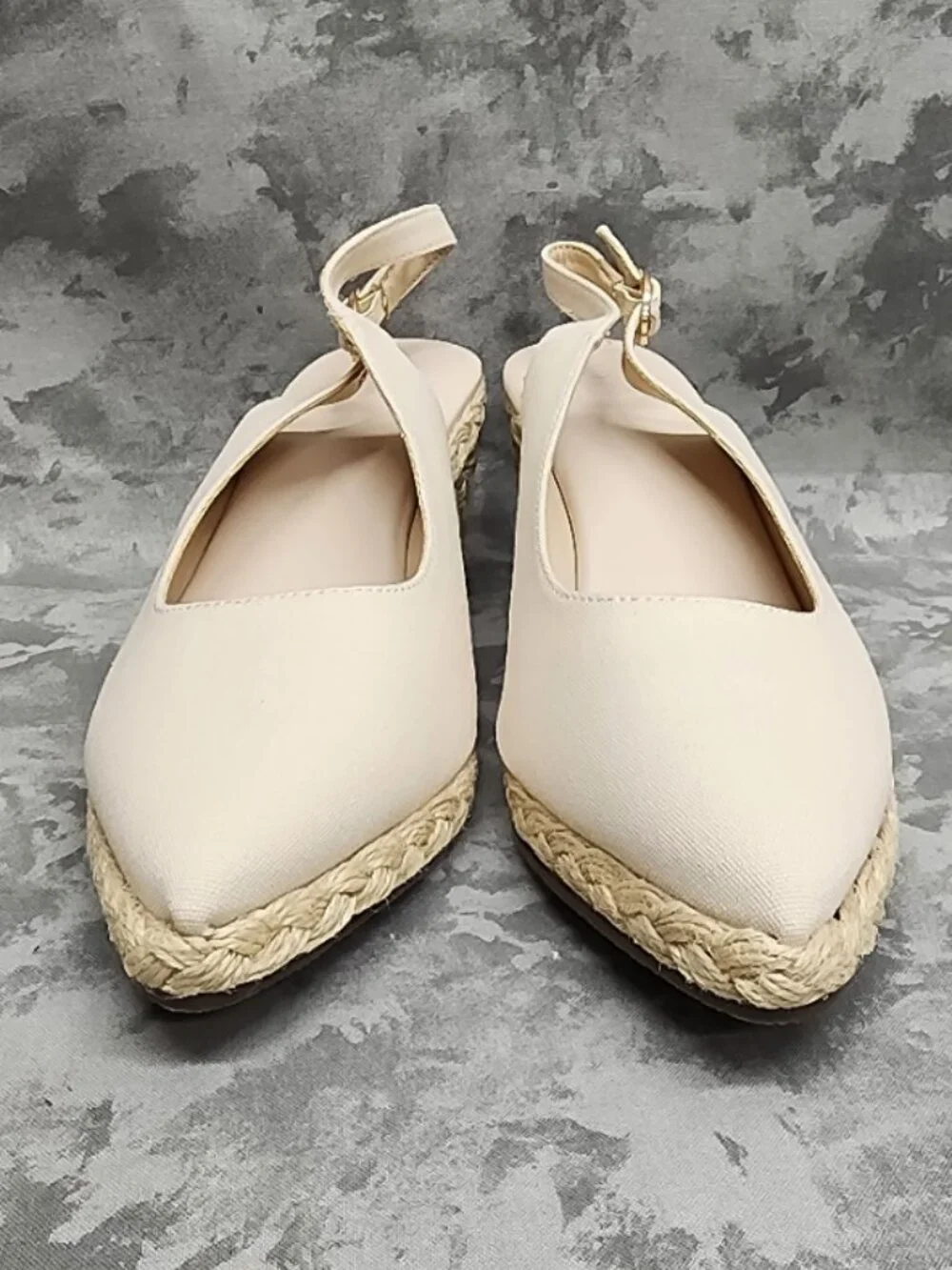 New Juliet Holy Wedge Slingback Espadrilles - Almond Toe - Cream - Size 7